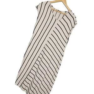 For Cynthia Linen Blend Tan Striped Maxi Dress Sz M Lagenlook Boho Cottage Core